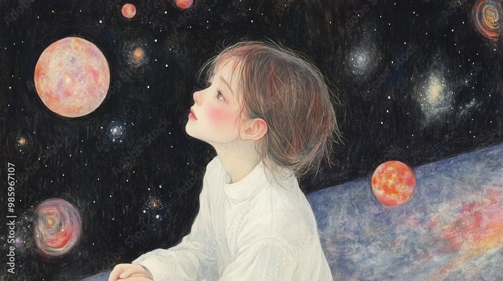 Naklejka premium A detailed pencil illustration capturing the innocence and curiosity of a child as they gaze upon a mesmerizing night sky adorned with vibrant planets and twinkling stars.