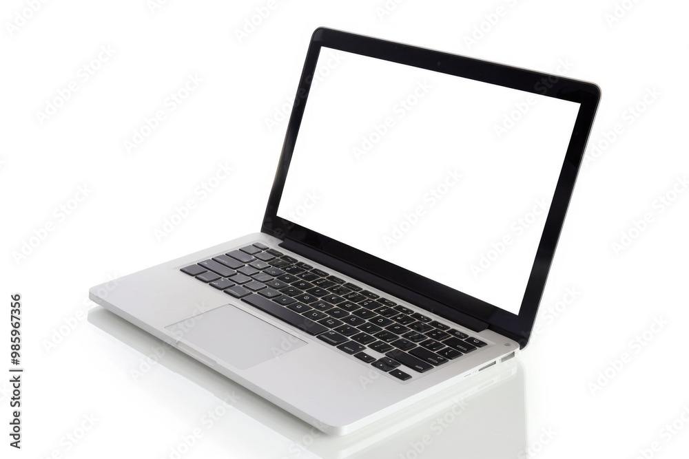 A laptop computer with a blank screen on a white surface, perfect for digital art or graphic design concepts A laptop computer with a blank screen on a white surface, perfect for digital art or graphic design concepts