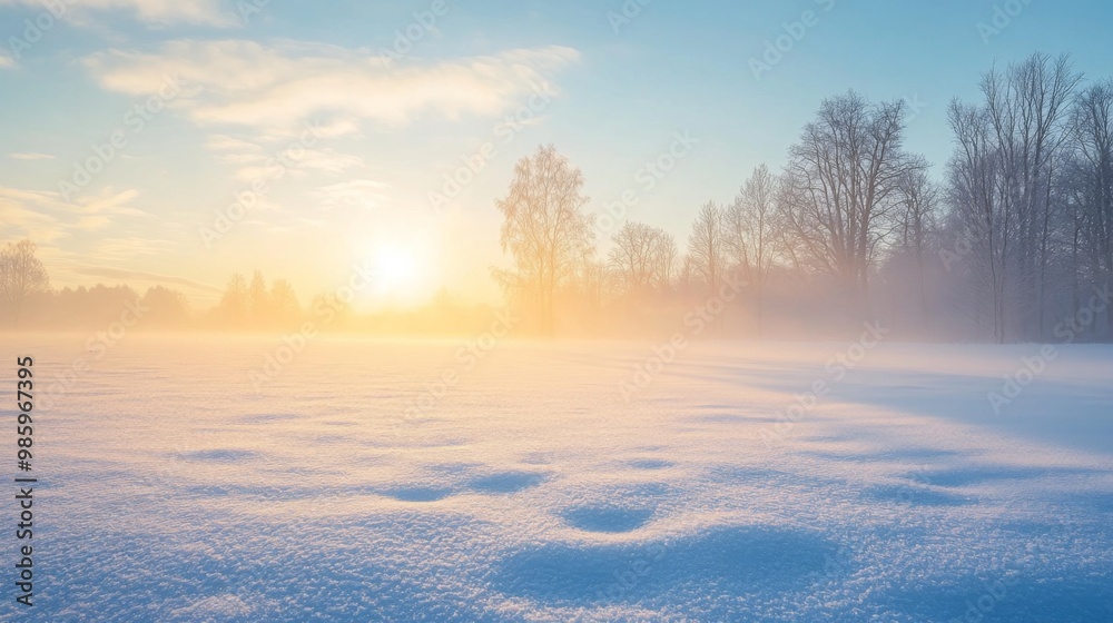 A Misty Sunrise Over a Snow-Covered Field With Silhouetted Trees A Misty Sunrise Over a Snow-Covered Field With Silhouetted Trees