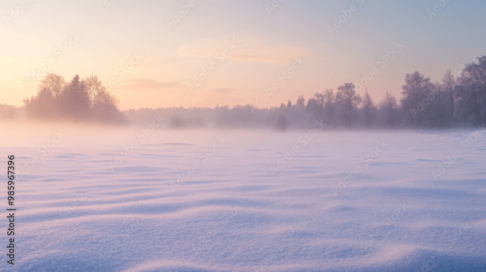 Misty Winter Sunset Over a Snowy Field with Silhouetted Trees Misty Winter Sunset Over a Snowy Field with Silhouetted Trees
