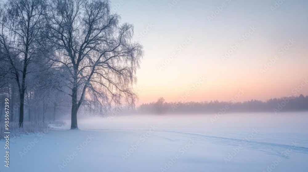 A Single Tree in a Foggy Winter Landscape at Sunset A Single Tree in a Foggy Winter Landscape at Sunset
