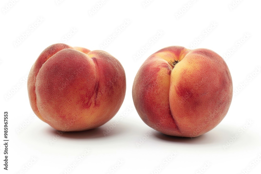 Two ripe peaches sit together on a surface, highlighting their natural beauty Two ripe peaches sit together on a surface, highlighting their natural beauty
