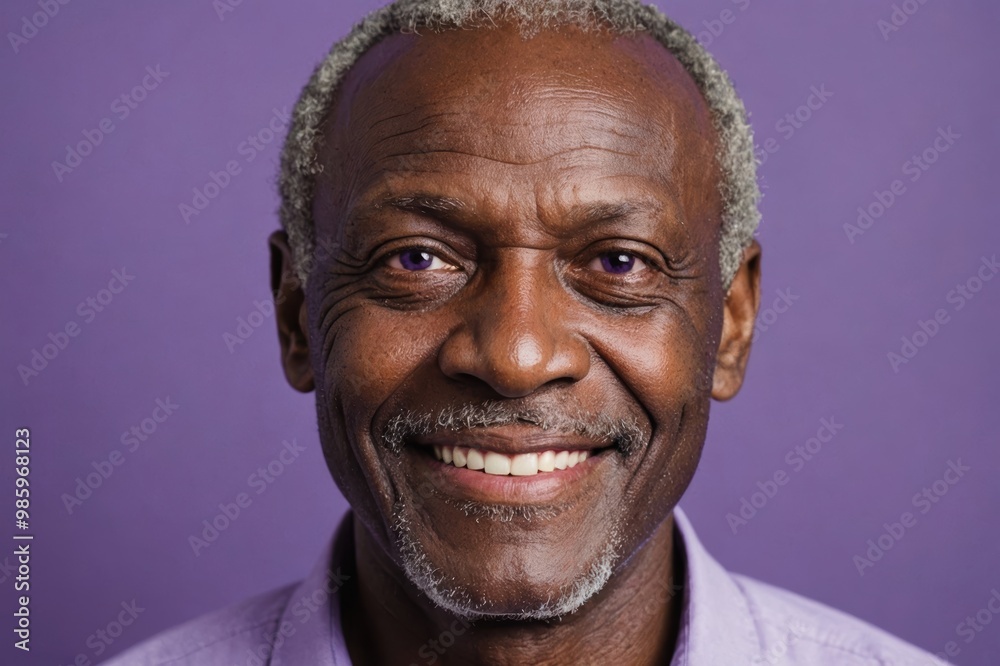 Full framed very close face portrait of a smiling senior african man with violet eyes looking at the camera, studio shot,violet background. Full framed very close face portrait of a smiling senior african man with violet eyes looking at the camera, studio shot,violet background.