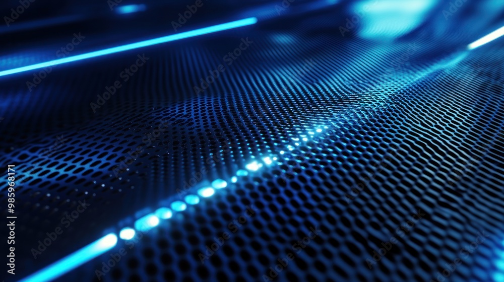 An abstract blue steel mesh background with glowing blue lines crossing through, highlighting a modern technological design. Deep blue perforated metal contrasts with the bright lines. An abstract blue steel mesh background with glowing blue lines crossing through, highlighting a modern technological design. Deep blue perforated metal contrasts with the bright lines.
