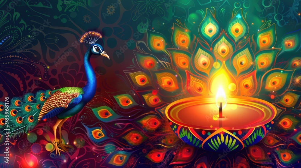 Fototapeta premium A majestic peacock stands next to a lit candle, showcasing its vibrant feathers