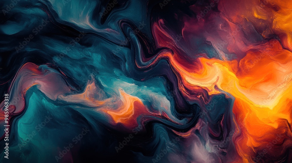 An abstract color splash featuring deep hues and organic, flowing forms, evoking a surreal atmosphere, reminiscent of oil paintings and contemporary art installations.