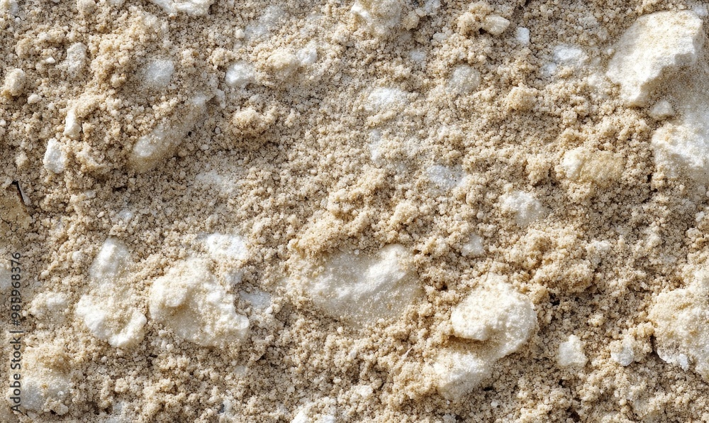 White salt crystals mixed with brown sand. White salt crystals mixed with brown sand.
