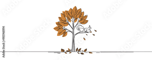 Autumn tree concept with flying leaves, autumn coziness. Continuous line drawing design graphic vector illustration