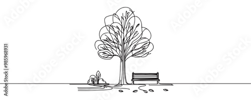 Autumn tree concept with flying leaves, autumn coziness. Continuous line drawing design graphic vector illustration