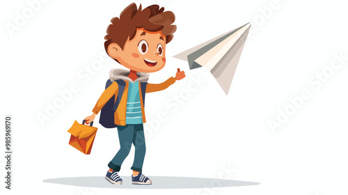 Wideangle Picture of Funny Schoolboy with Paper Plane