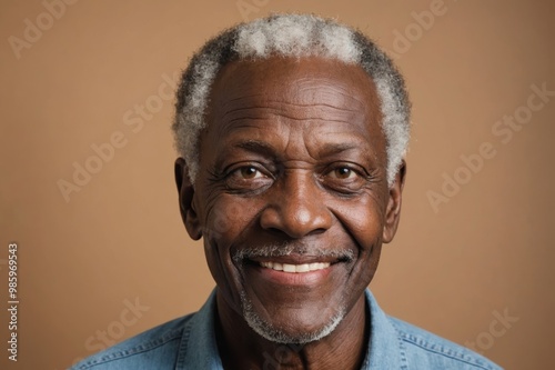 Full framed very close face portrait of a smiling senior african non binary with hazel eyes looking at the camera, studio shot,hazel background. photo