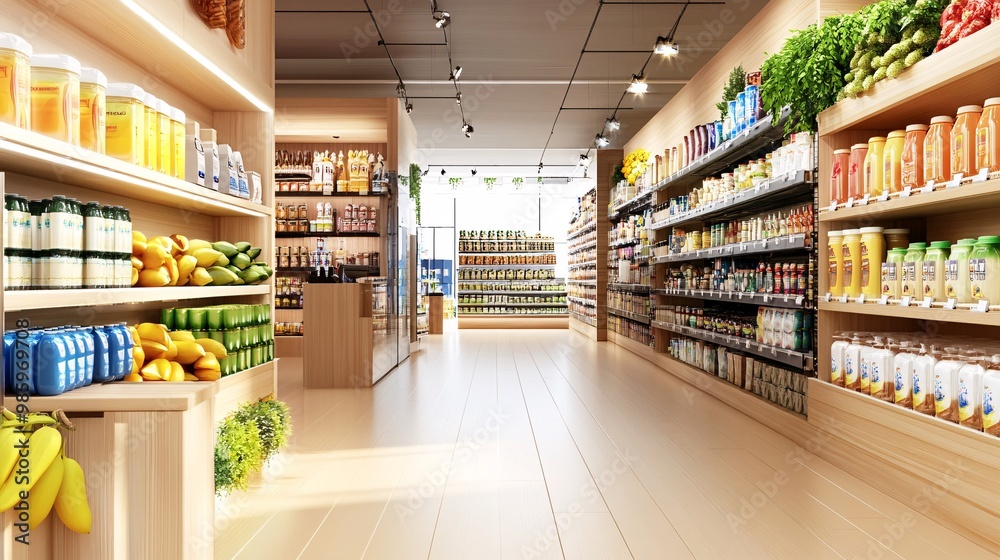 Supermarket aisle with shelves stocked with food and drinks. Supermarket aisle with shelves stocked with food and drinks.