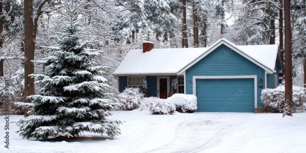 Christmas tree in front of a house covered in snow Christmas tree in front of a house covered in snow
