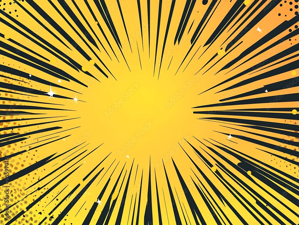 Obraz premium Yellow radial dotted comic background. Speed lines wallpaper with pop art halftone texture