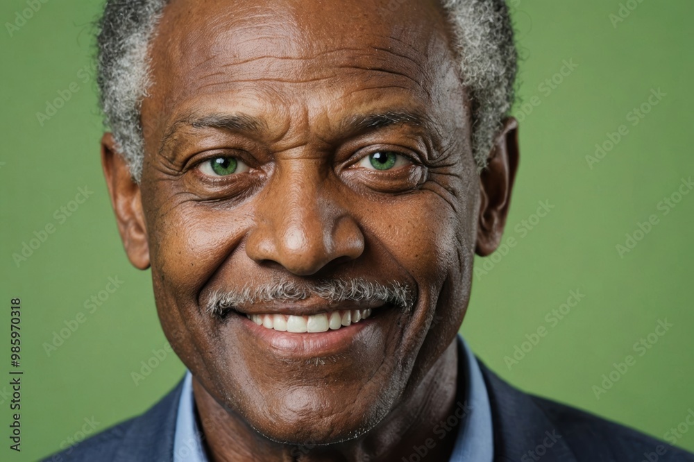 Full framed very close face portrait of a smiling senior african american man with green eyes looking at the camera, studio shot,green background. Full framed very close face portrait of a smiling senior african american man with green eyes looking at the camera, studio shot,green background.