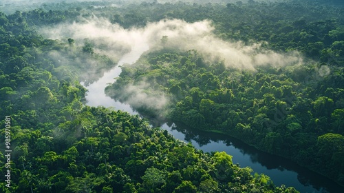 Lush Rainforest Canopy. Mist Cloud River Forest. Nature Background. Environment Aerial View.