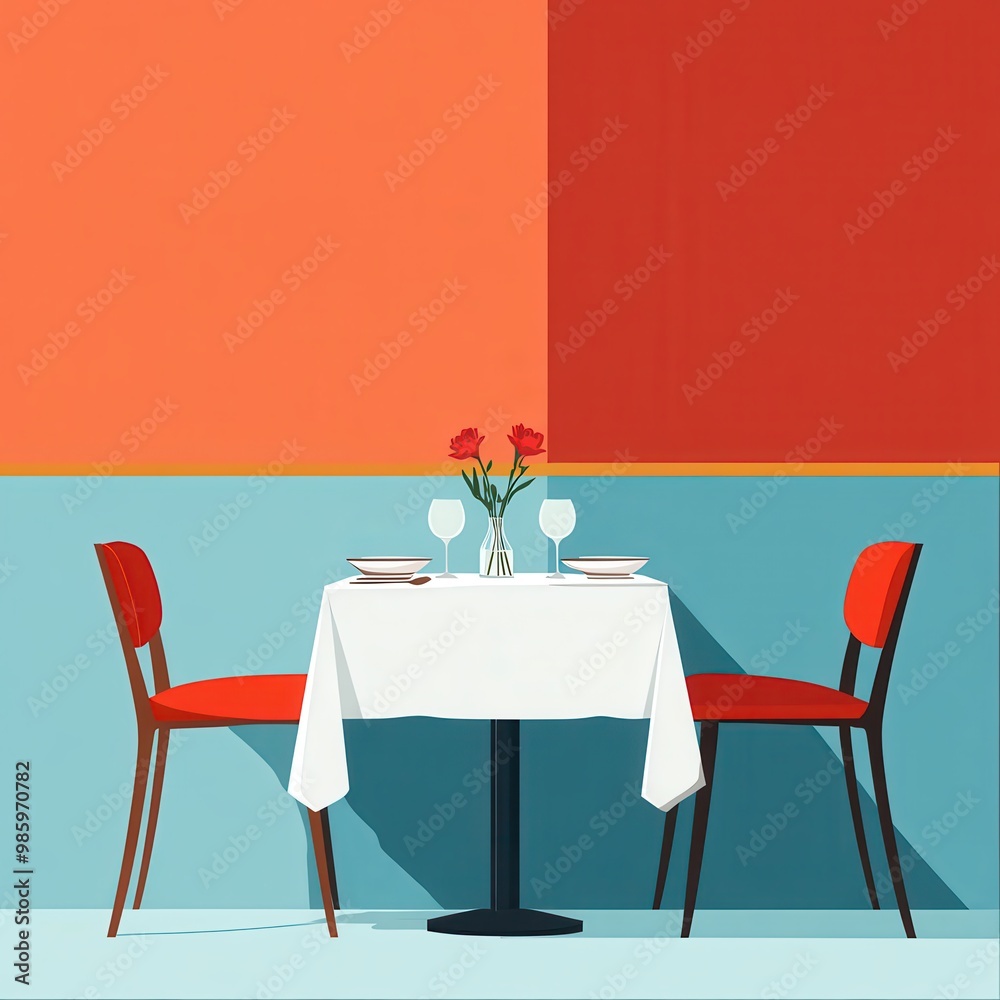 Obraz premium Minimalistic dining setup with red chairs and table 