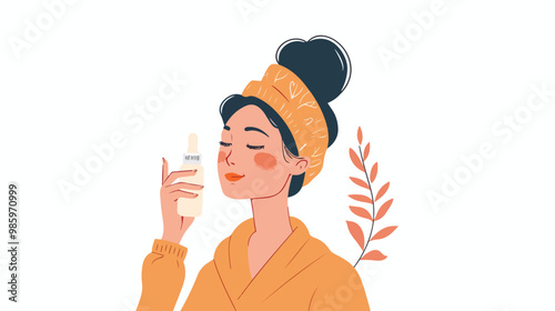 Woman Applying Skincare Serum on Her Face Cartoon Vector Illustration