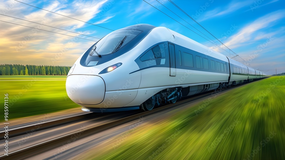 Fototapeta premium A high-speed train glides through a lush landscape under a vibrant sky, showcasing modern transportation and travel efficiency.