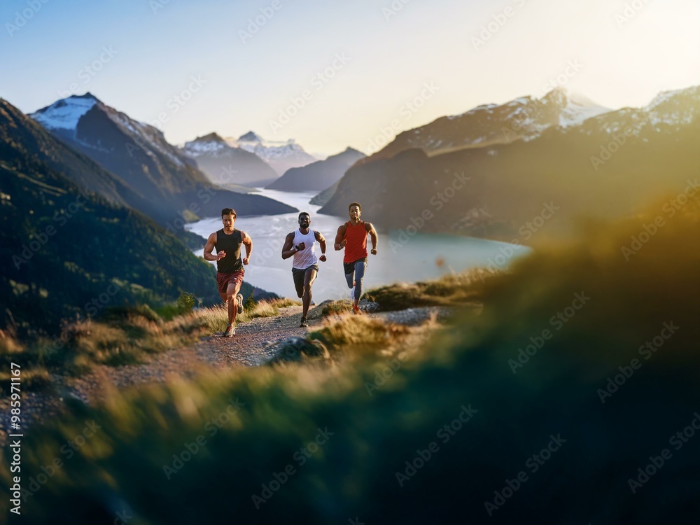 Fototapeta premium Three men run on a dirt path up a mountain during sunset.