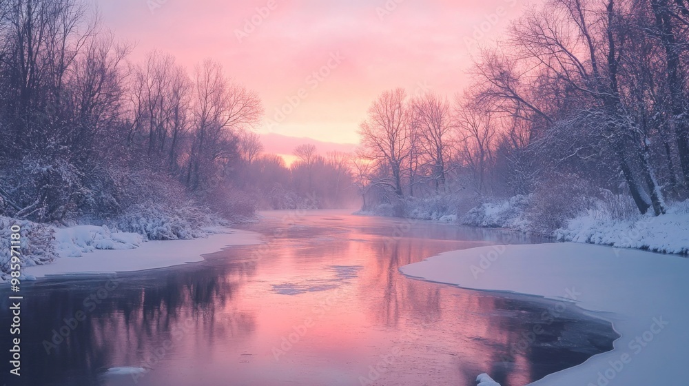 Fototapeta premium A frozen river reflecting a pink sunrise through bare trees