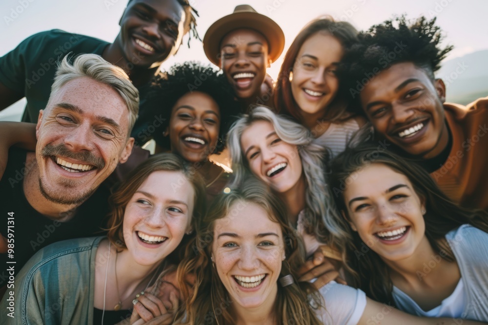 Diverse group of happy friends smiling outdoors Diverse group of happy friends smiling outdoors