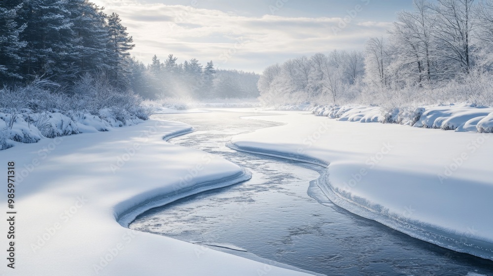 Fototapeta premium A Winding River Flowing Through a Snow-Covered Forest