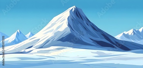 A majestic mountain peak surrounded by a serene snowy landscape under a clear blue sky, perfect for outdoor and adventure themes.