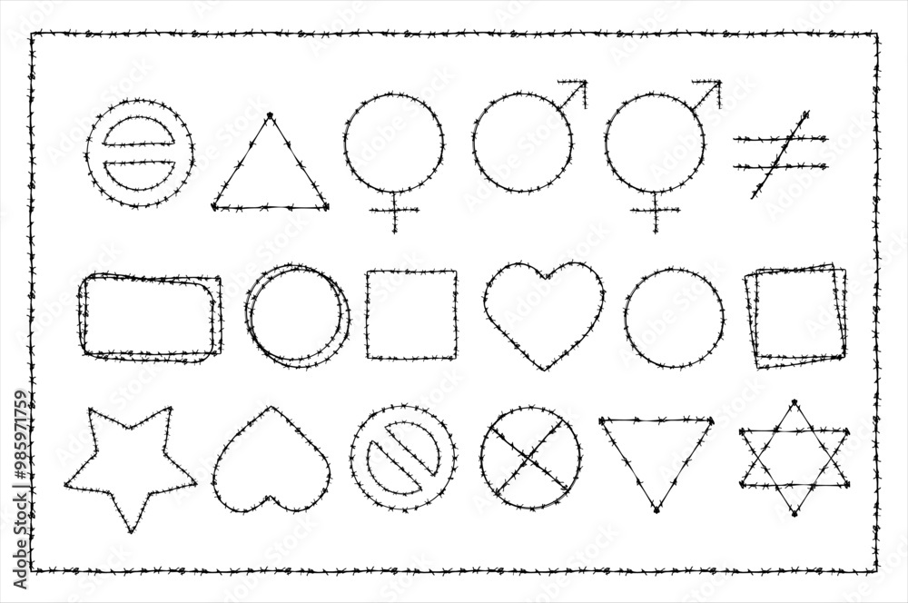 Fototapeta premium Barb wire shapes, border and pattern texture design vector graphic. Basic geometric shapes collection vector set. Brush and stroke vector design. 