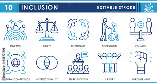 A set of line icons related to Inclusion. Diversity, equity, belonging, accessibility, equality, support, and so on. Vector editable stroke.