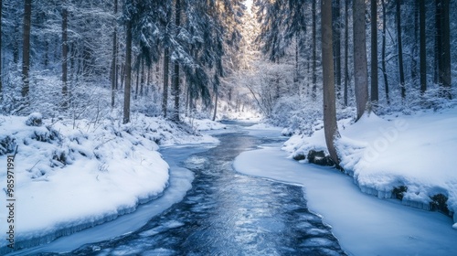 A Frozen River Winding Through a Snowy Forest