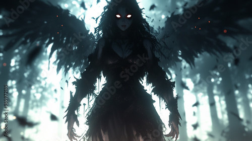 shadowy fallen angel standing tall with glowing red eyes and dark wings in a haunted forest surrounded by drifting shadows