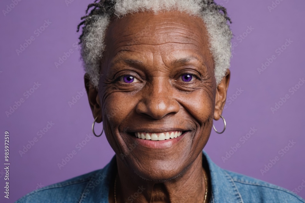 Full framed very close face portrait of a smiling senior african american non binary with violet eyes looking at the camera, studio shot,violet background. Full framed very close face portrait of a smiling senior african american non binary with violet eyes looking at the camera, studio shot,violet background.