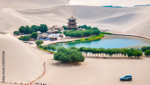 Magnificent scenery of Dunhuang, Gansu desert with Mingsha Mountain and Crescent Lake. photo