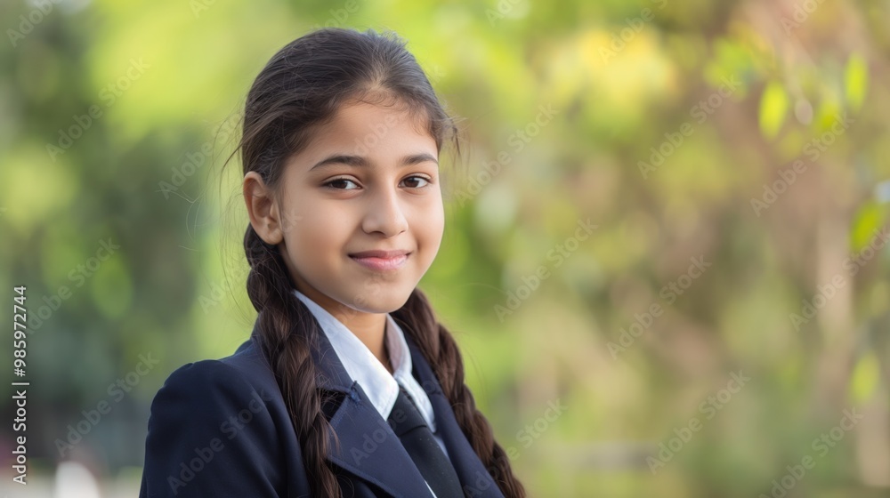 A smiling student in a uniform stands outside, enjoying a sunny day at school A smiling student in a uniform stands outside, enjoying a sunny day at school