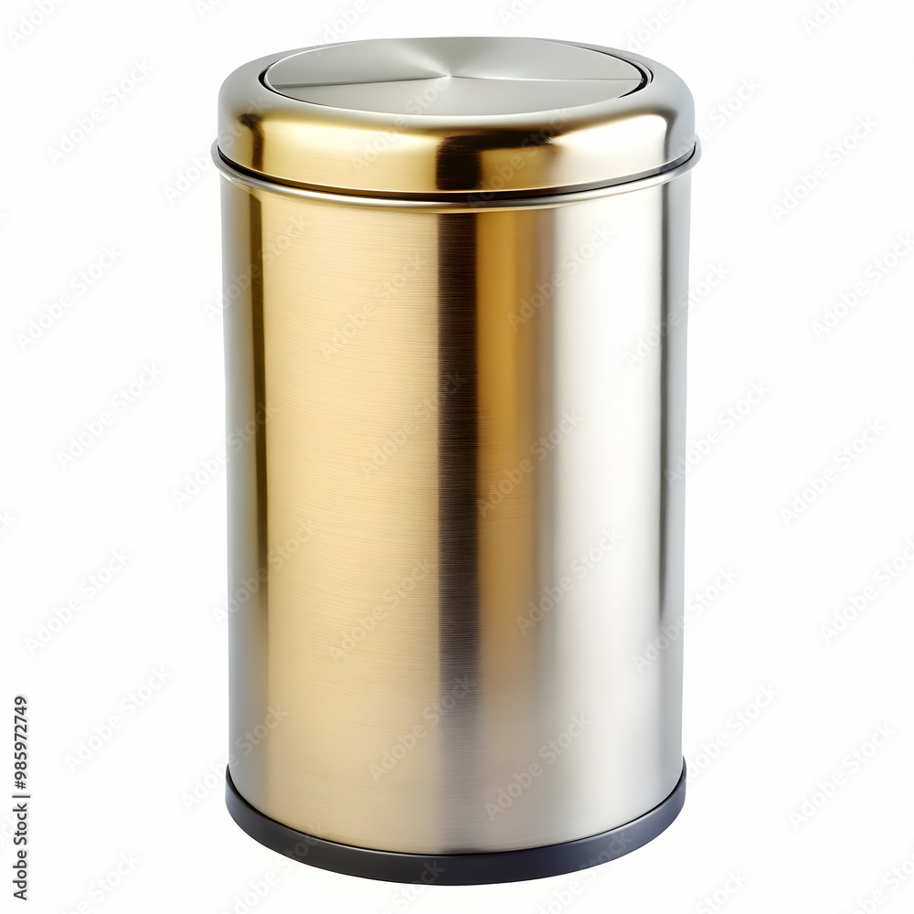 A sleek, modern metal dustbin with a smooth silver finish, minimalistic design, and rounded edges, standing on a plain white background A sleek, modern metal dustbin with a smooth silver finish, minimalistic design, and rounded edges, standing on a plain white background