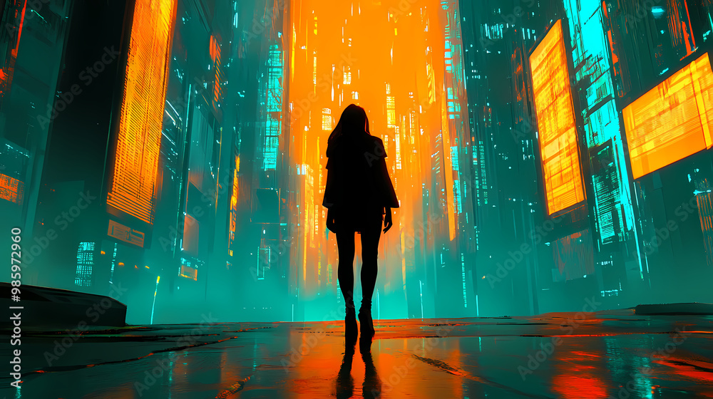Young woman standing in a cyberpunk street city with neon lights in orange and teal background. image generative ai. Cyberpunk Fashion. Illustration Young woman standing in a cyberpunk street city with neon lights in orange and teal background. image generative ai. Cyberpunk Fashion. Illustration