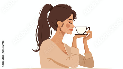 Elegant Woman with Coffee Cup Flat Vector on White Background