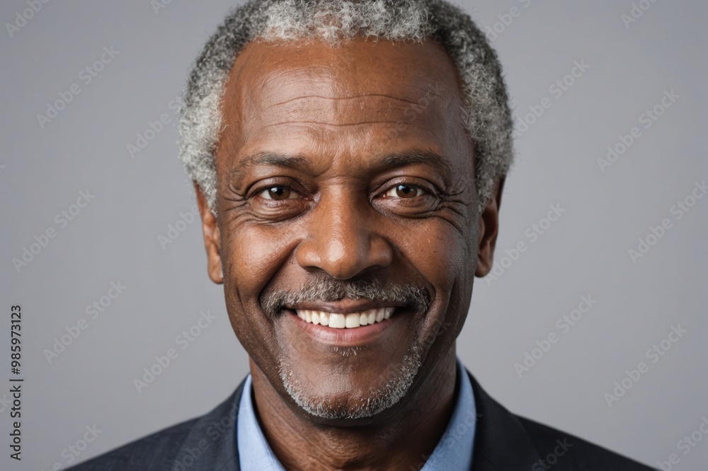 Full framed very close face portrait of a smiling senior black man with gray eyes looking at the camera, studio shot,gray background. Full framed very close face portrait of a smiling senior black man with gray eyes looking at the camera, studio shot,gray background.