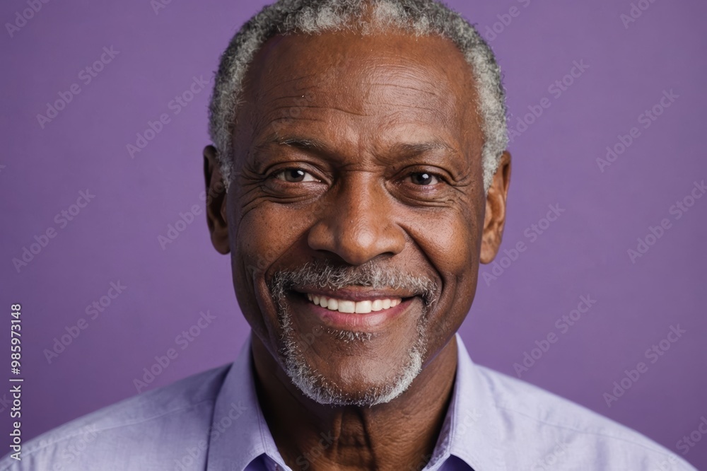 Full framed very close face portrait of a smiling senior black man with violet eyes looking at the camera, studio shot,violet background. Full framed very close face portrait of a smiling senior black man with violet eyes looking at the camera, studio shot,violet background.