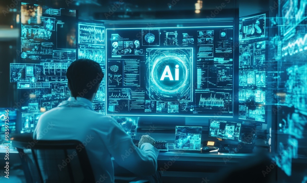 Person working with AI on multiple monitors. Person working with AI on multiple monitors.