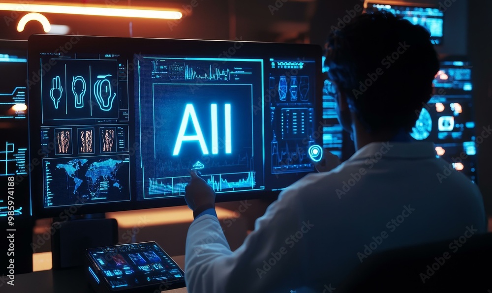 Person in lab coat interacting with AI interface. Person in lab coat interacting with AI interface.