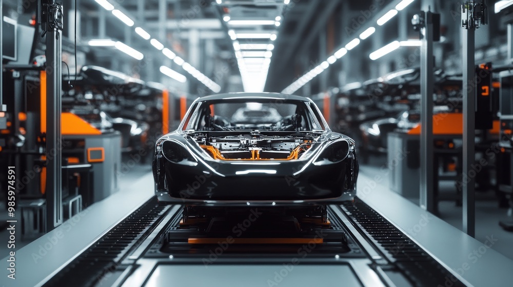 Car bodies being assembled on a factory production line Car bodies being assembled on a factory production line