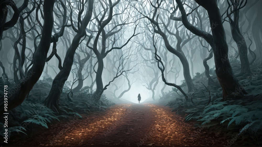Obraz premium A misty forest with twisted, bare trees lining a fog-covered path leading to a glowing light, creating a mysterious and eerie atmosphere