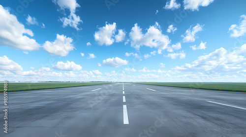 Wide view of an empty airport runway under a blue sky with clouds, ready for takeoff or landing in clear weather conditions. Runway Model. Illustration