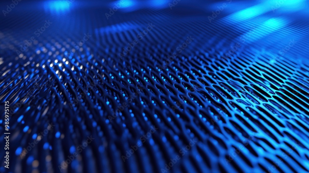 Glowing blue lines cutting across a dark blue steel mesh surface, with space for text or design elements. The metallic texture contrasts with the vibrant light. Glowing blue lines cutting across a dark blue steel mesh surface, with space for text or design elements. The metallic texture contrasts with the vibrant light.