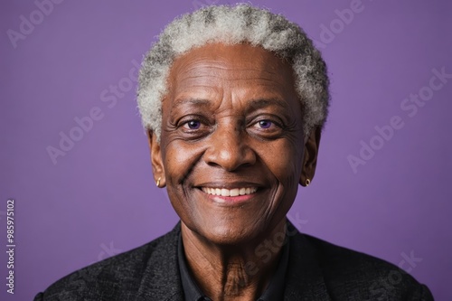 Full framed very close face portrait of a smiling senior black non binary with violet eyes looking at the camera, studio shot,violet background. photo