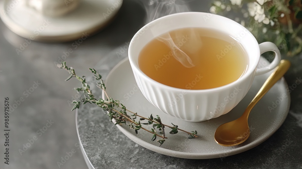 Relaxing Moment: A Charming White Teacup of Herbal Tea on a Stylish Gray Tabletop – Perfect for Home Decor or a Serene Poster in Your Leisure Space! Relaxing Moment: A Charming White Teacup of Herbal Tea on a Stylish Gray Tabletop – Perfect for Home Decor or a Serene Poster in Your Leisure Space!