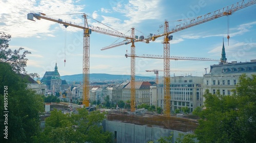 Cityscape under construction, with several large yellow construction cranes