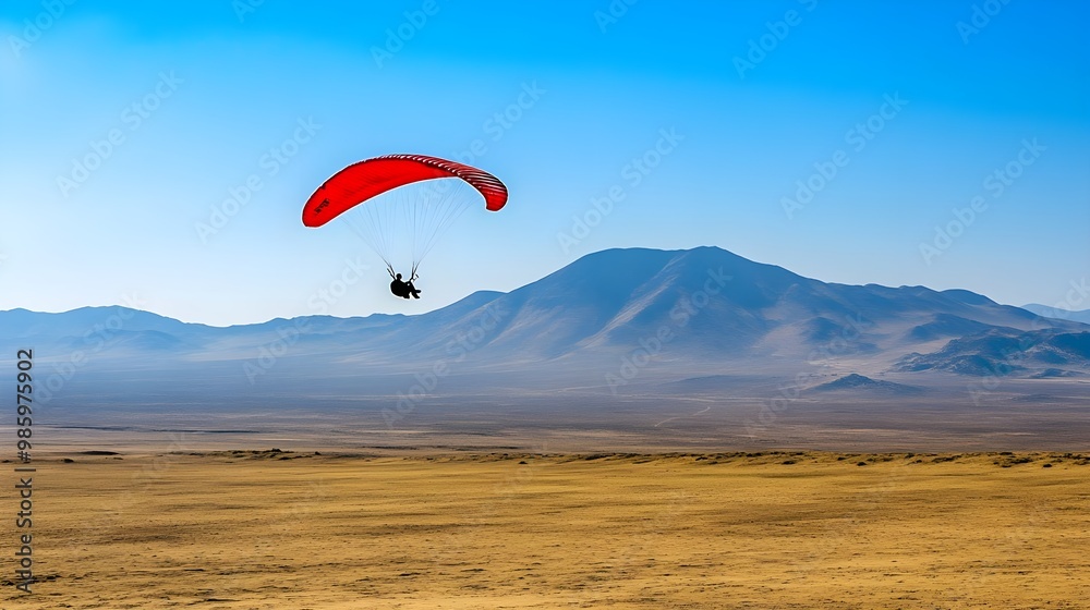 A wide landscape featuring a paraglider soaring above tranquil hills under a clear blue sky, capturing the essence of adventure. A wide landscape featuring a paraglider soaring above tranquil hills under a clear blue sky, capturing the essence of adventure.
